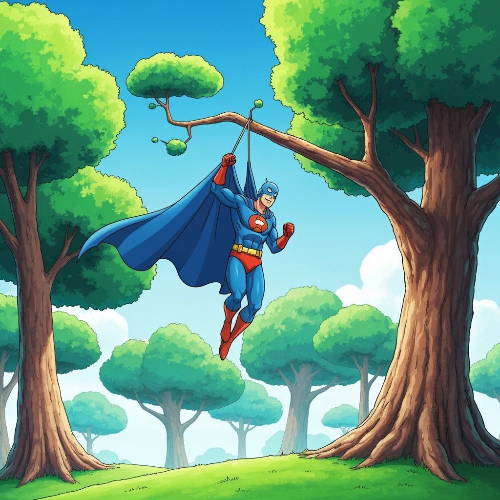 Superhero Dangles Comically as Cape Snags on Whimsical Tree