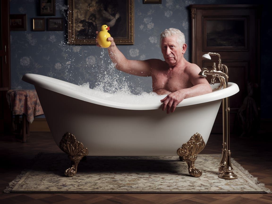 King Charles III in Whimsical Royal Bathtub Scene, Detailed ...