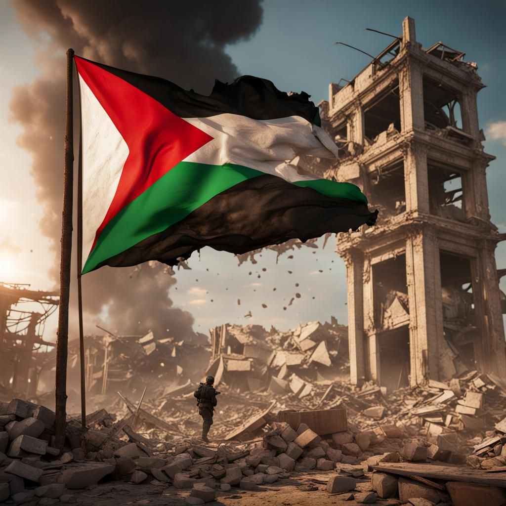 Palestine Flag Over Gaza Destruction: Matte Painting