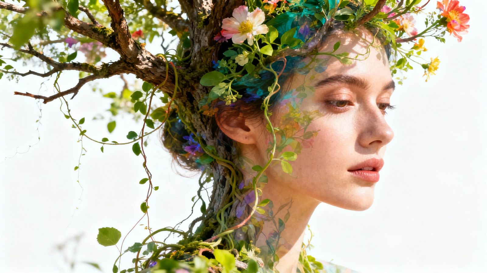 Woman Merged with Tree in Double Exposure Photography