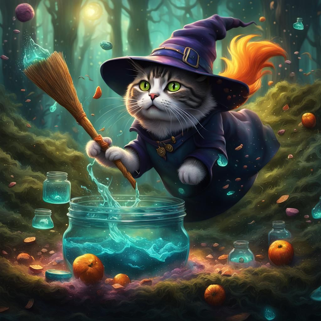 Witch Cat's Chaotic Spells in Enchanted Forest