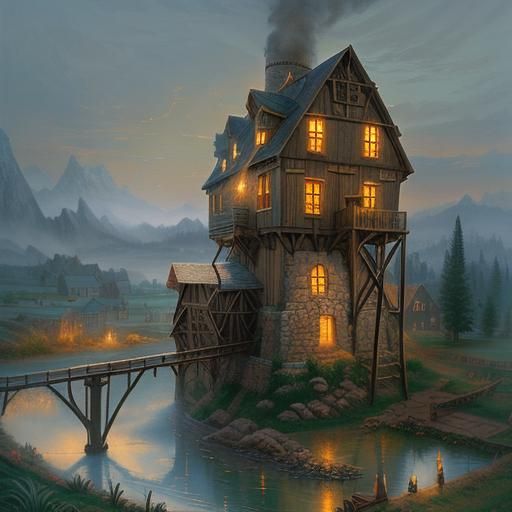 Medieval Water Mill in Ethereal Fantasy Style