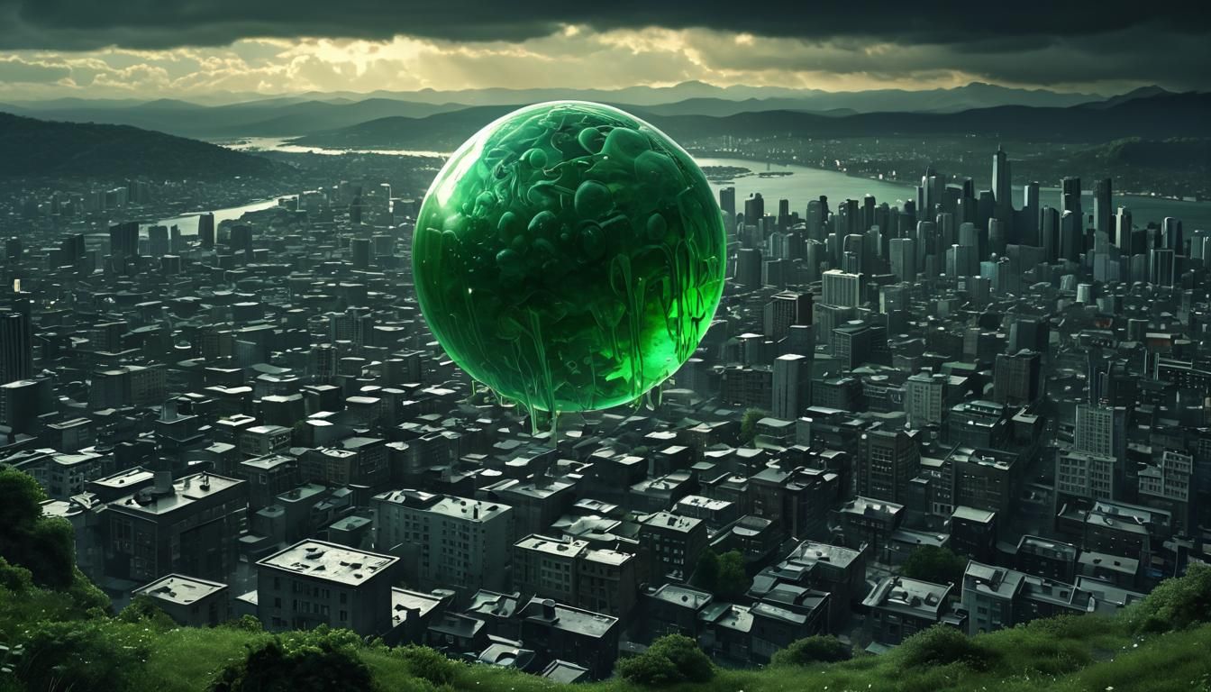 Jelly Roll: a huge ball of gelatinous green jelly sits at the top of a hill over looking a urban city sprawled out below