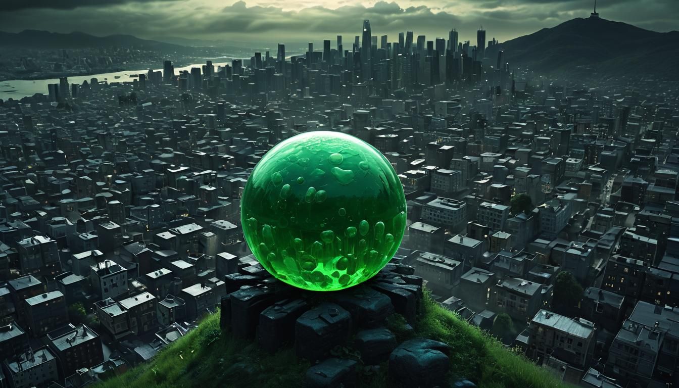 Jelly Roll: a huge ball of gelatinous green jelly sits at the top of a hill over looking a urban city sprawled out below