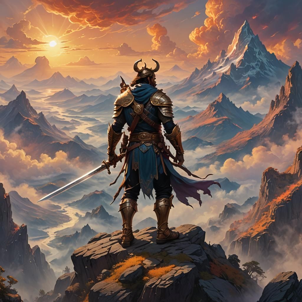 Fantasy Warrior on Mountain Peak in Art Nouveau Style