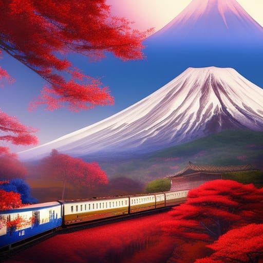 Japanese Train Near Mount Fuji: Digital Art
