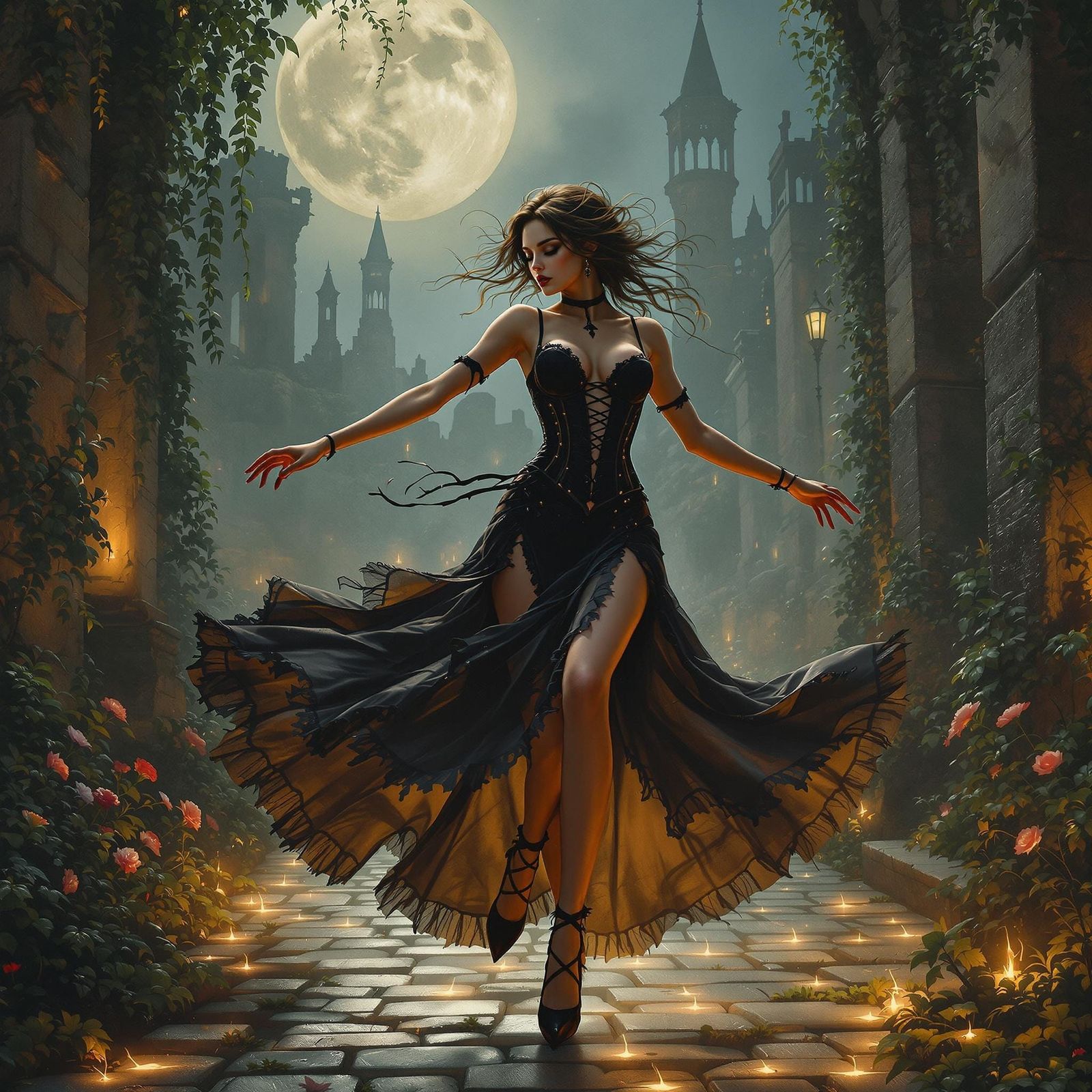 Realistic Airbrushed acrylic,delicate but deadly girl dances on glowing cobblestones, suspended between a crumbling Goth...