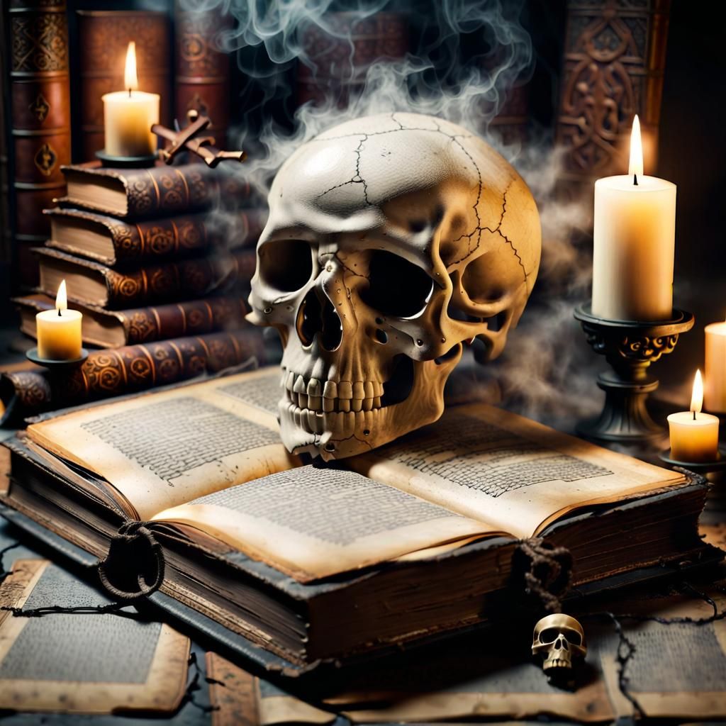 Cursed Anthropodermic Spellbook on Altar in Dark Fantasy