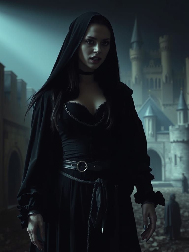 Dark Vampire Woman in Medieval Castle Grounds