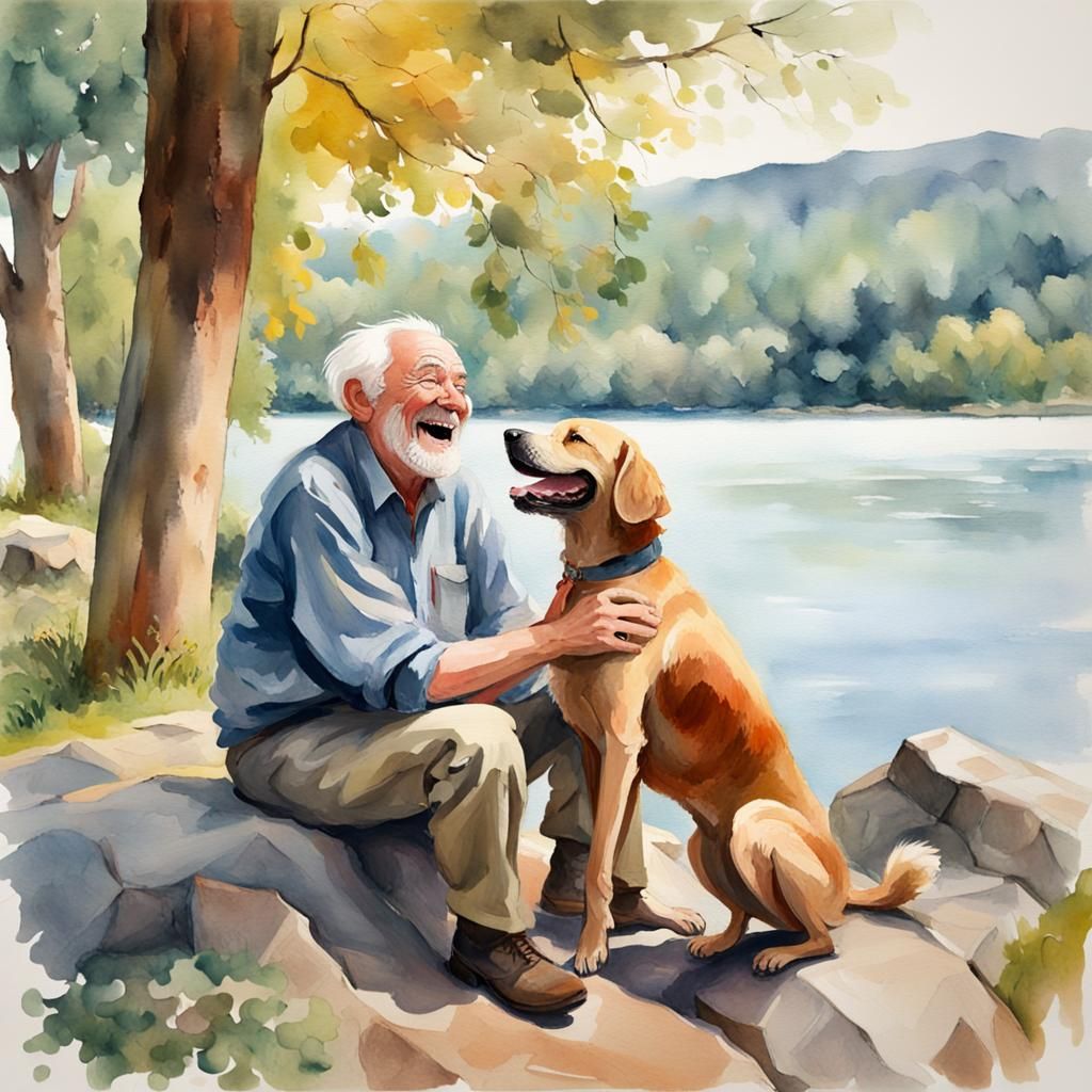 Laughing Man and Dog in Watercolor Gouache Style