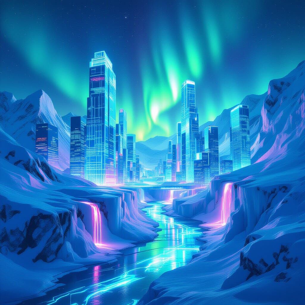 Futuristic Ice City Under Northern Lights