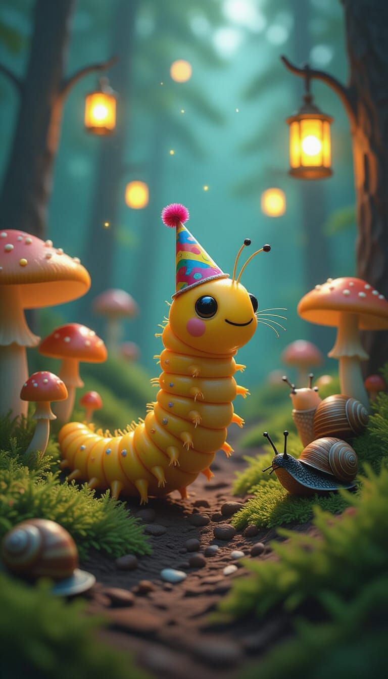 Caterpillar's Forest Festival: Hyper-Realistic Digital Art