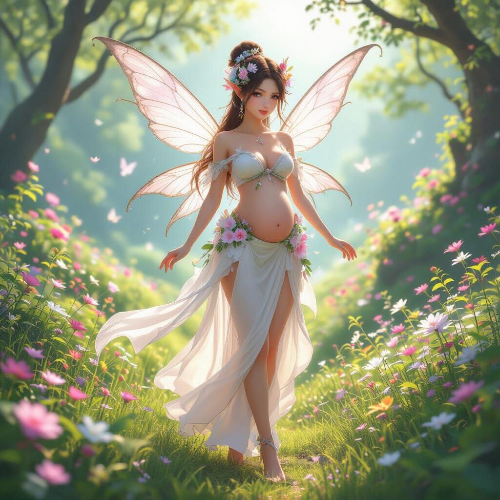 Pregnant Fairy Woman in Ethereal Valley - 3D Anime Style