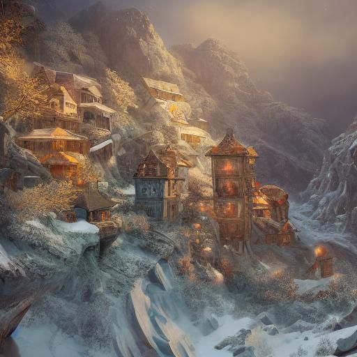 Snowy Mountain Village Fantasy Concept Art