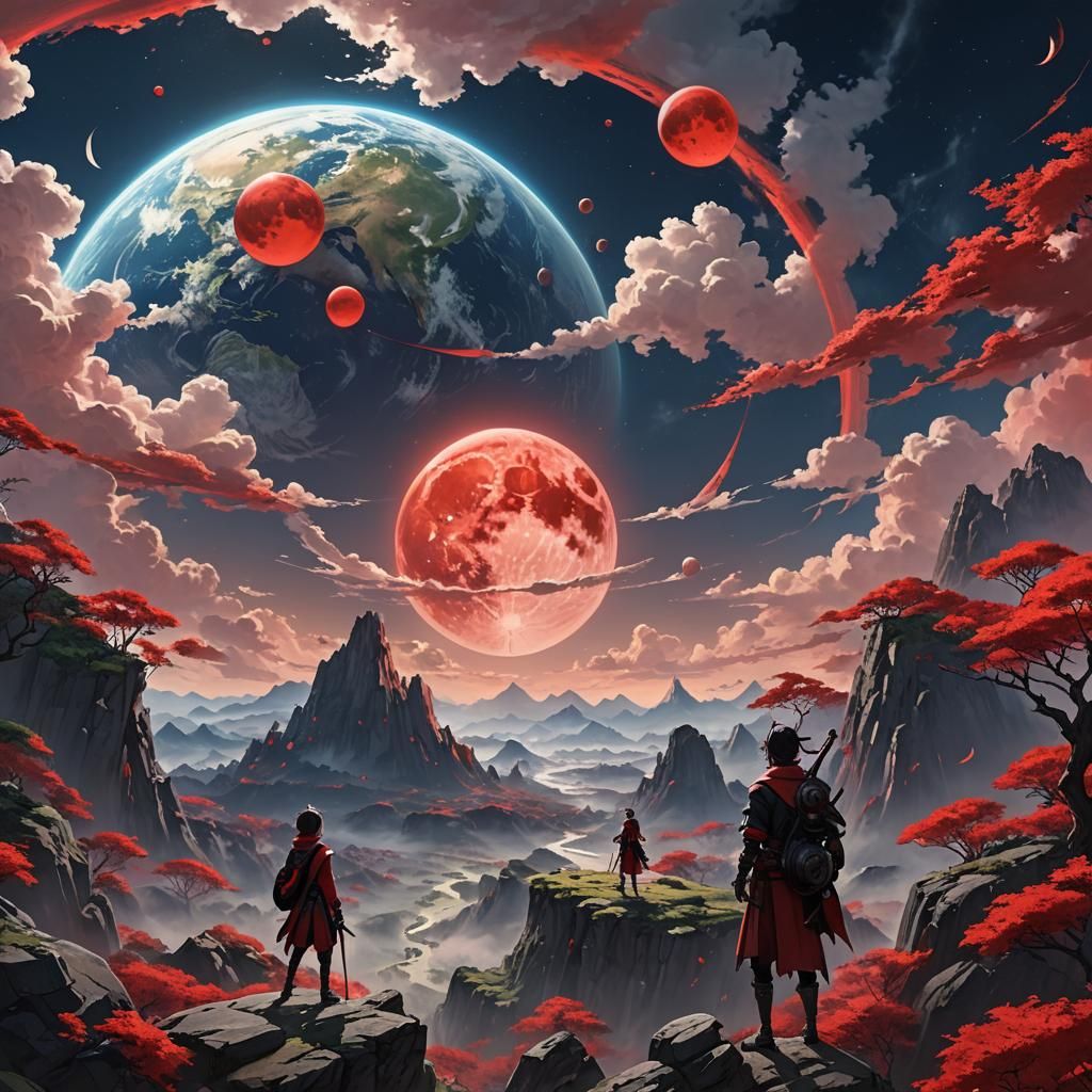 Fantasy Earth with Red Moons in Anime Style