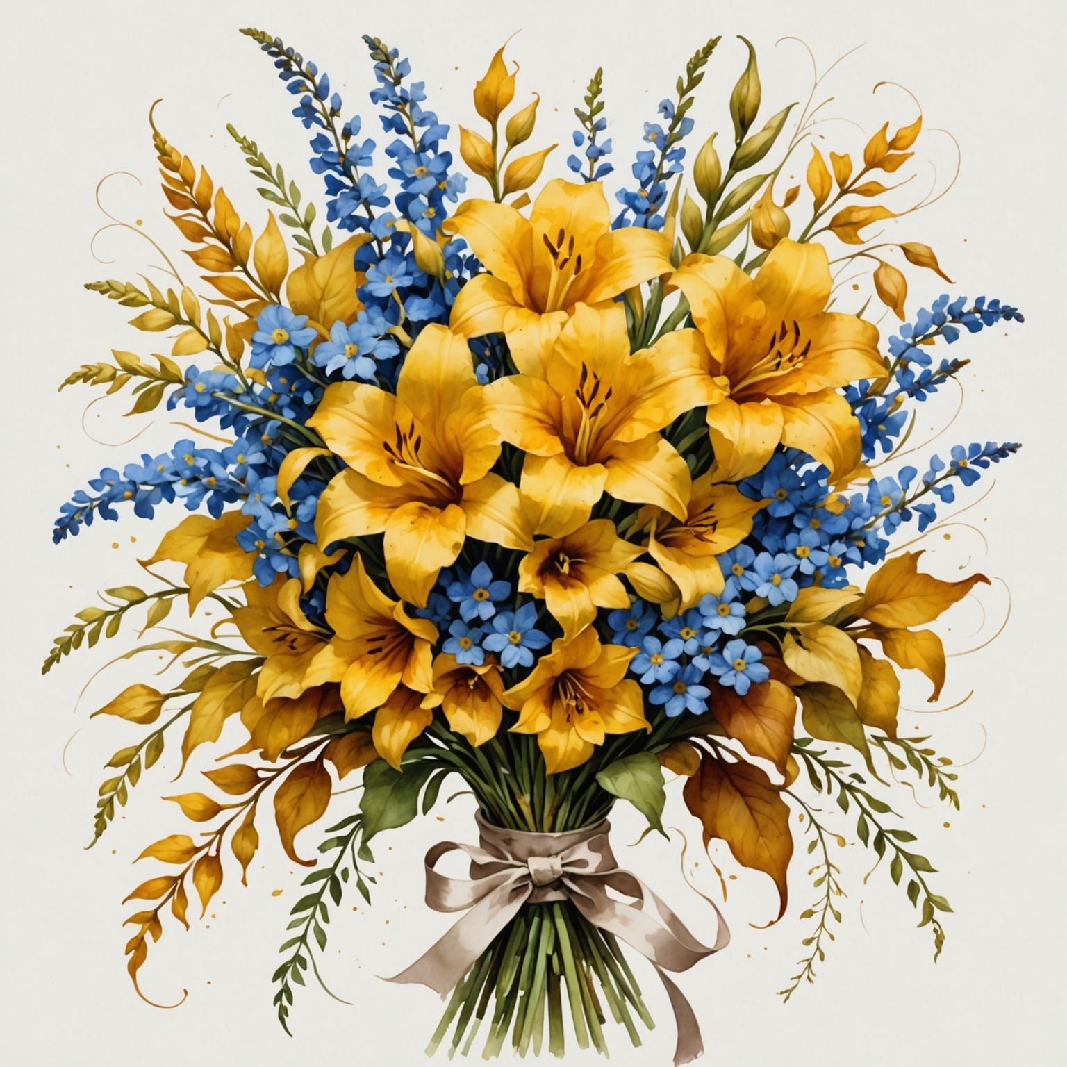Autumnal Bouquet in Watercolor Sfumato Style