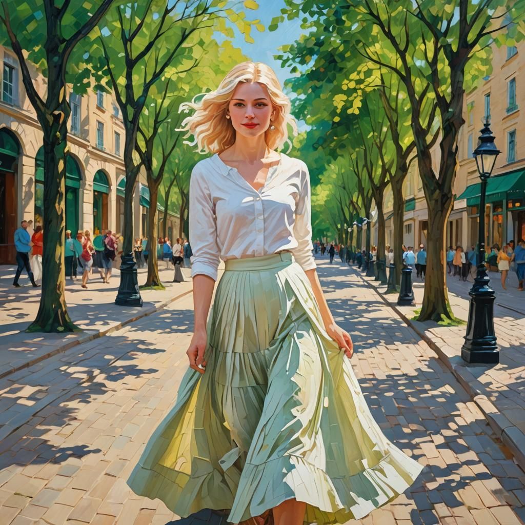 Elegant Woman Strolling, an Impasto Oil Painting