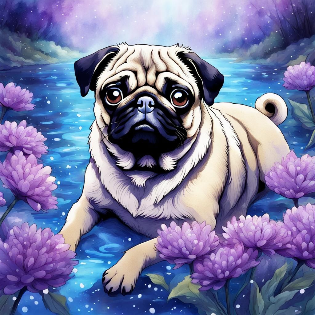 Anime Pug in a Magical Flower Garden