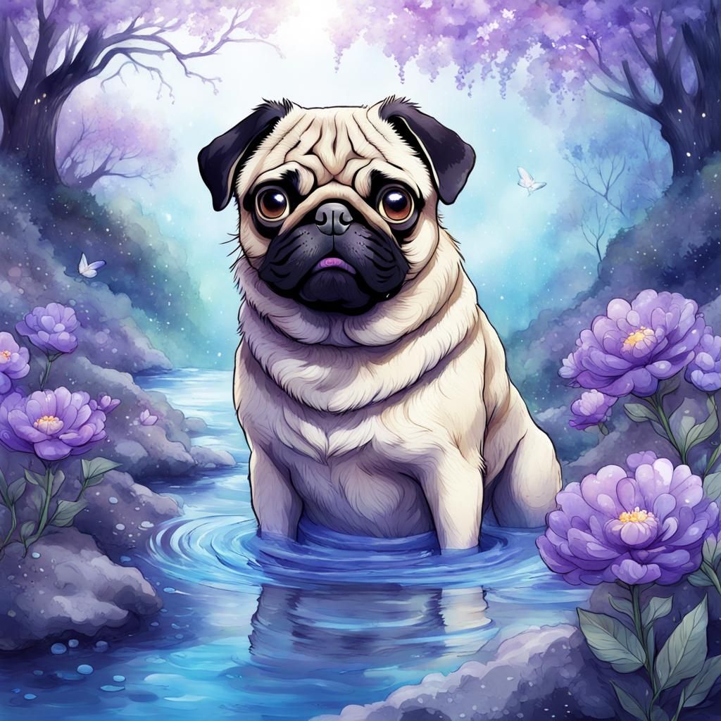 Anime Pug with Magical Flowers in Digital Art
