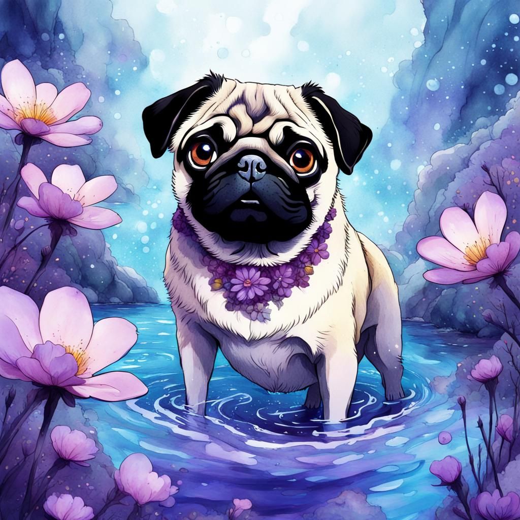 Anime-Style Pug with Magical Flowers in Digital Art