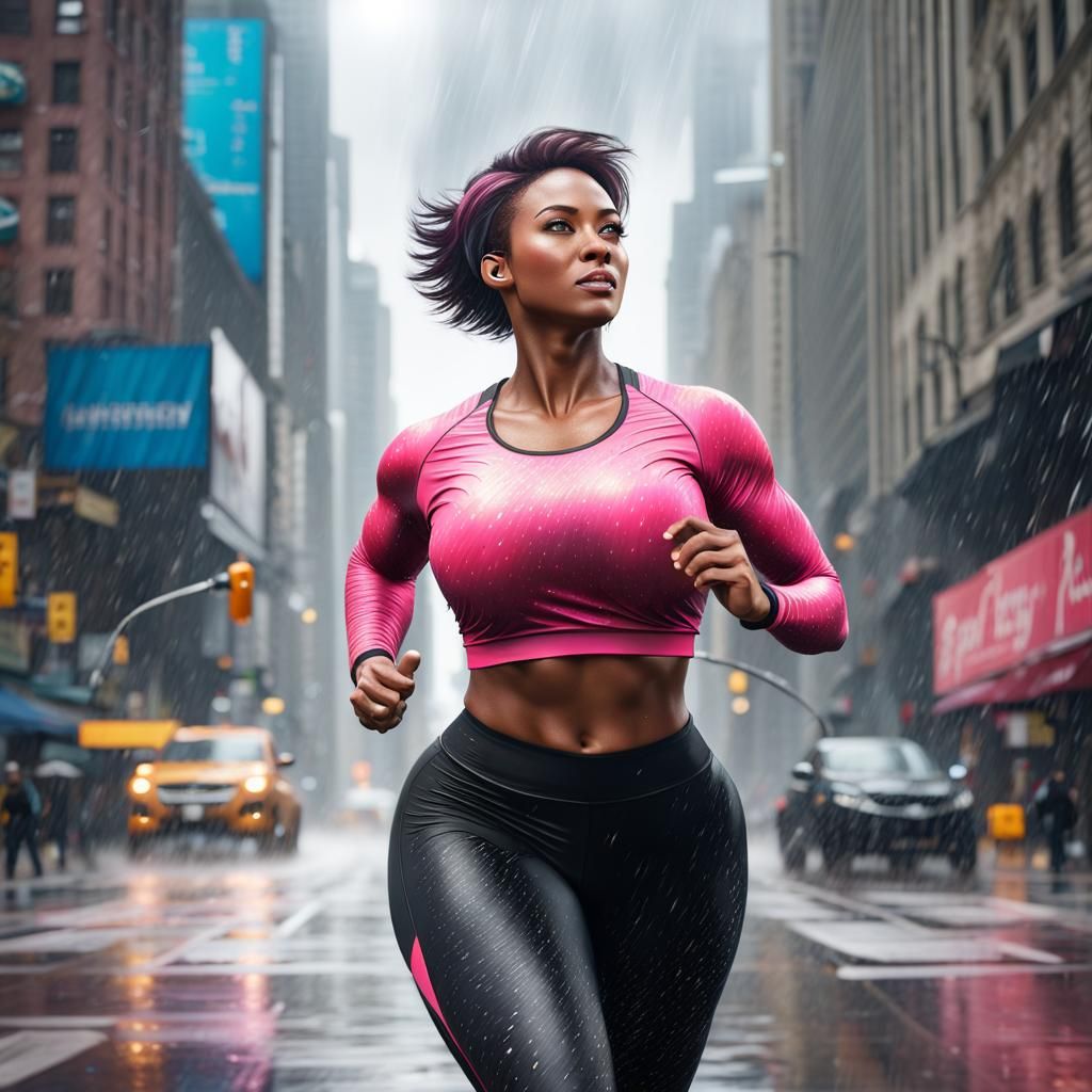 Woman Jogging in Rainy Chicago: Digital Art