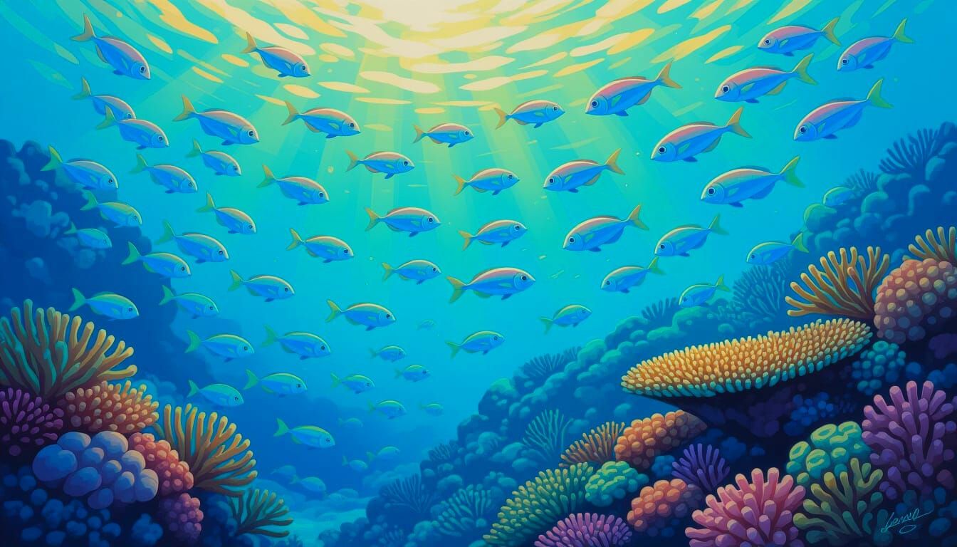 Iridescent Fish in Coral Reef, Surrealist Style