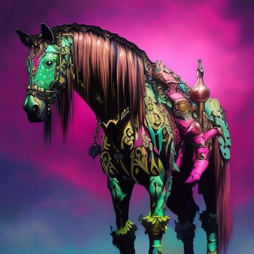 Cyberpunk Cyborg Horse Leaping in Stormy Landscape