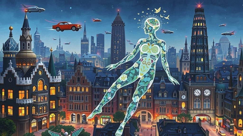 Bioluminescent Figure in a Gaudí-Inspired Cityscape