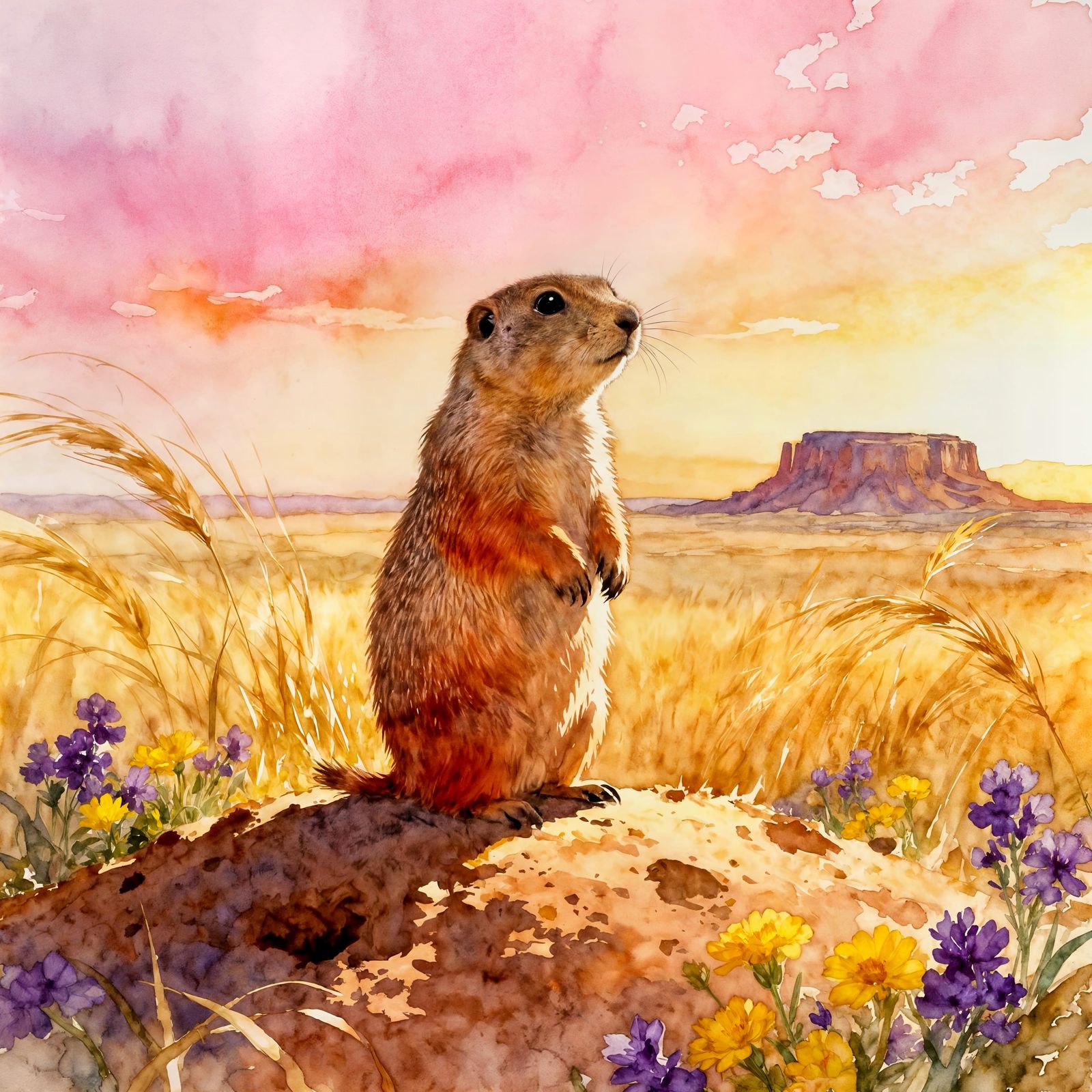 Alert Prairie Dog Surveys Golden Grasslands in Watercolor