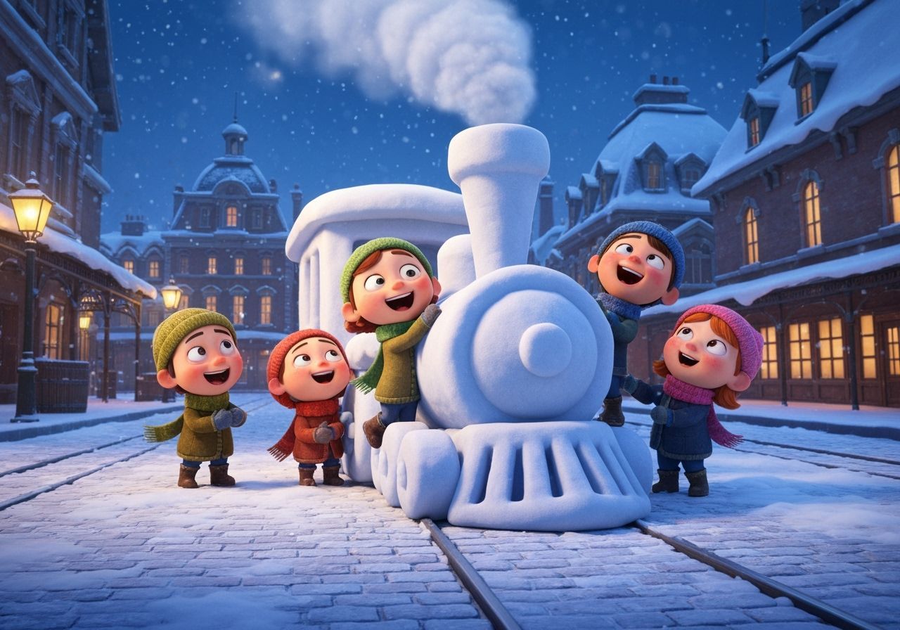Children Build Snow Train in Victorian Station Square