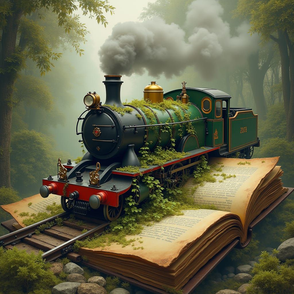 Steam Train Emerges from Vintage Book in Whimsical Landscape