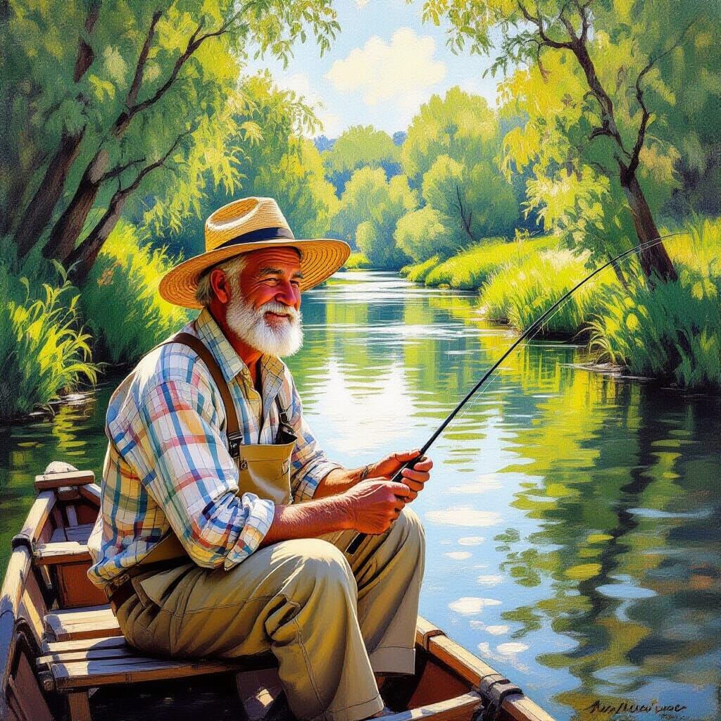 Impressionist River Scene with Fisherman in Sunlight