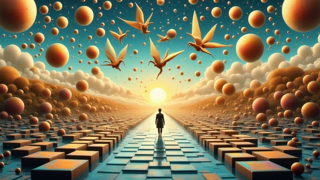 Surreal Landscape with Checkerboard Labyrinth and Origami Cr...