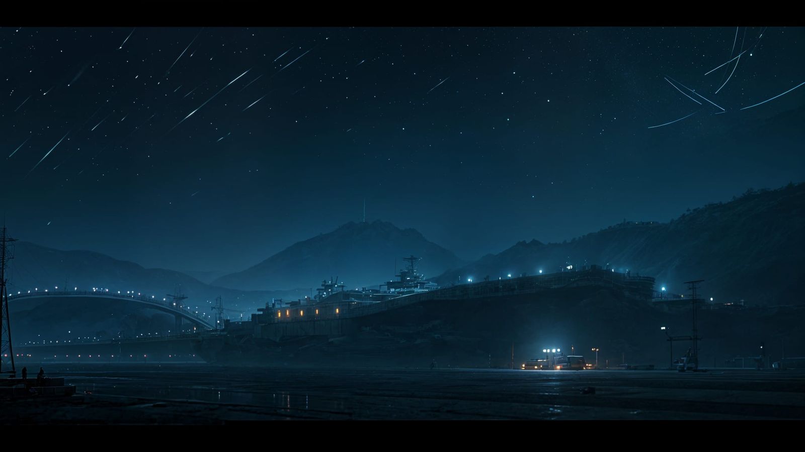 Cyberpunk Military Base at Night on the Shore