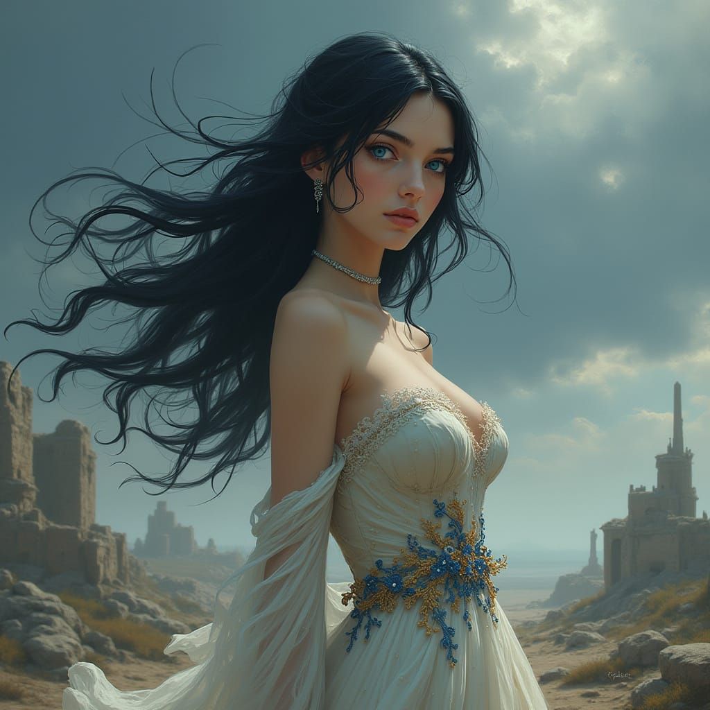 Ethereal Beauty of a Defiant Young Bride in a Stormy Landsca...