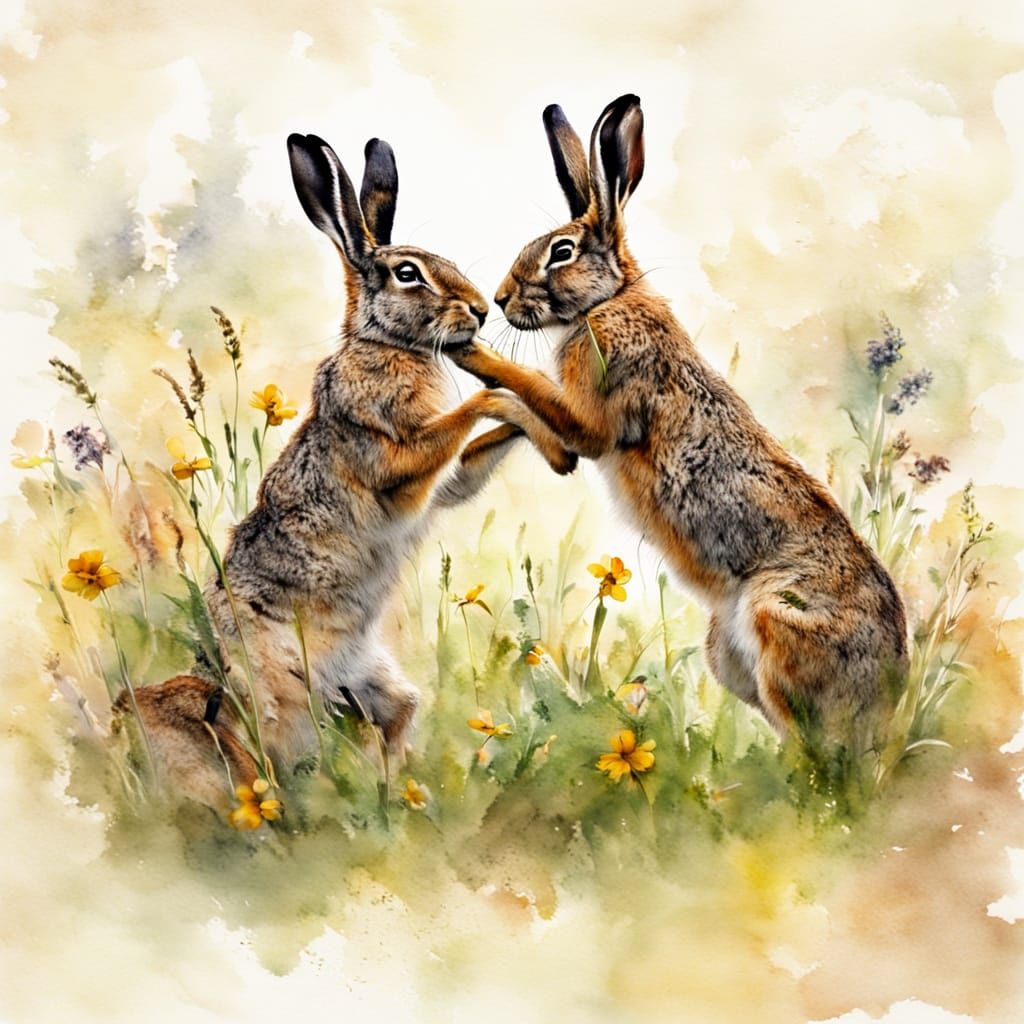 Boxing Hares in Wildflower Meadow: Watercolour Painting