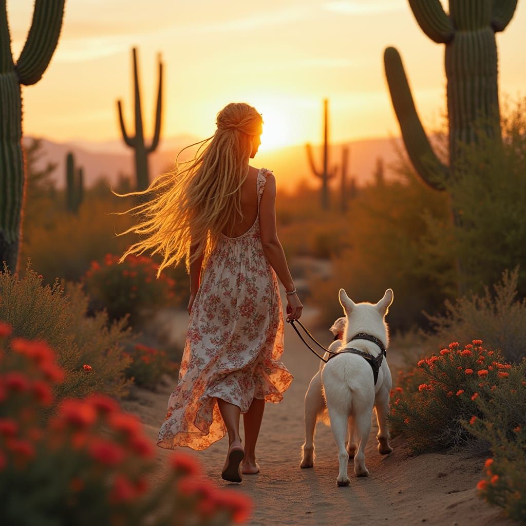 Bohemian Woman Strolls Through Desert Landscape with Loyal B...