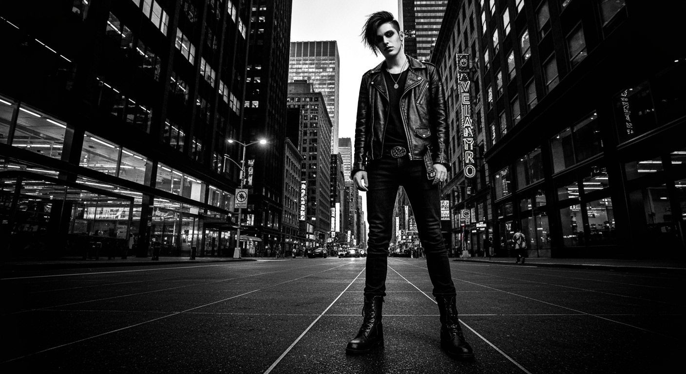 Goth Man in Cyberpunk Cityscape with Noir Influences
