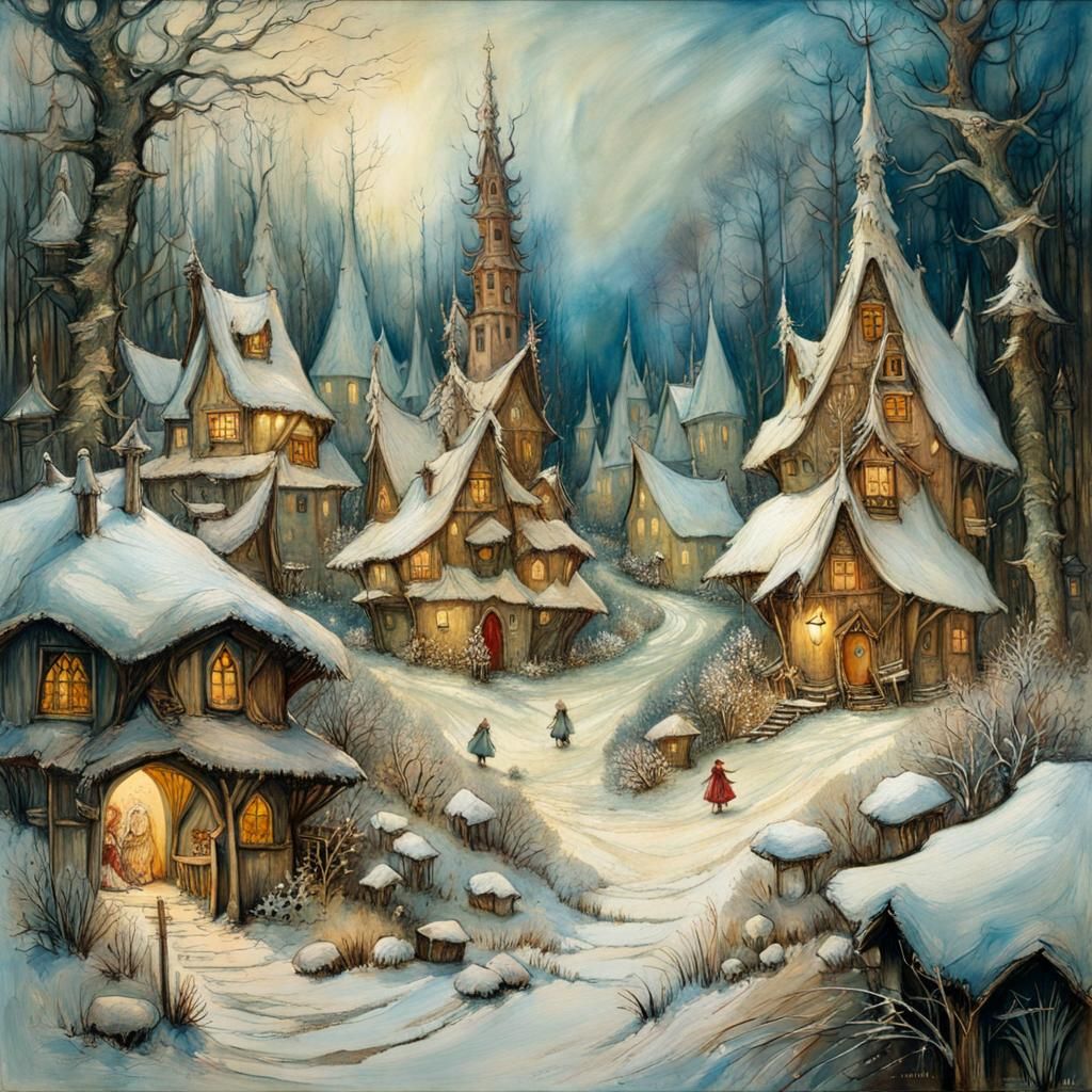 Winter Fairy Village: Oil Painting