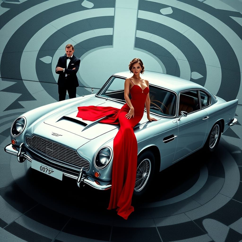 James Bond in Futuristic Tuxedo, Beside Aston Martin DB5