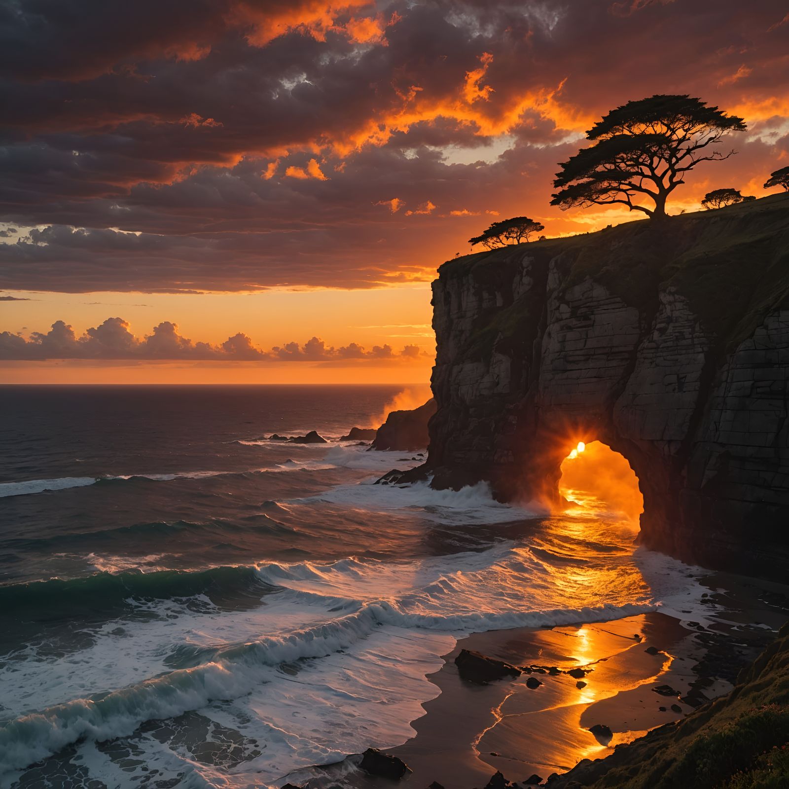 Massive Cliff Overlooks Fiery Sunset Sea