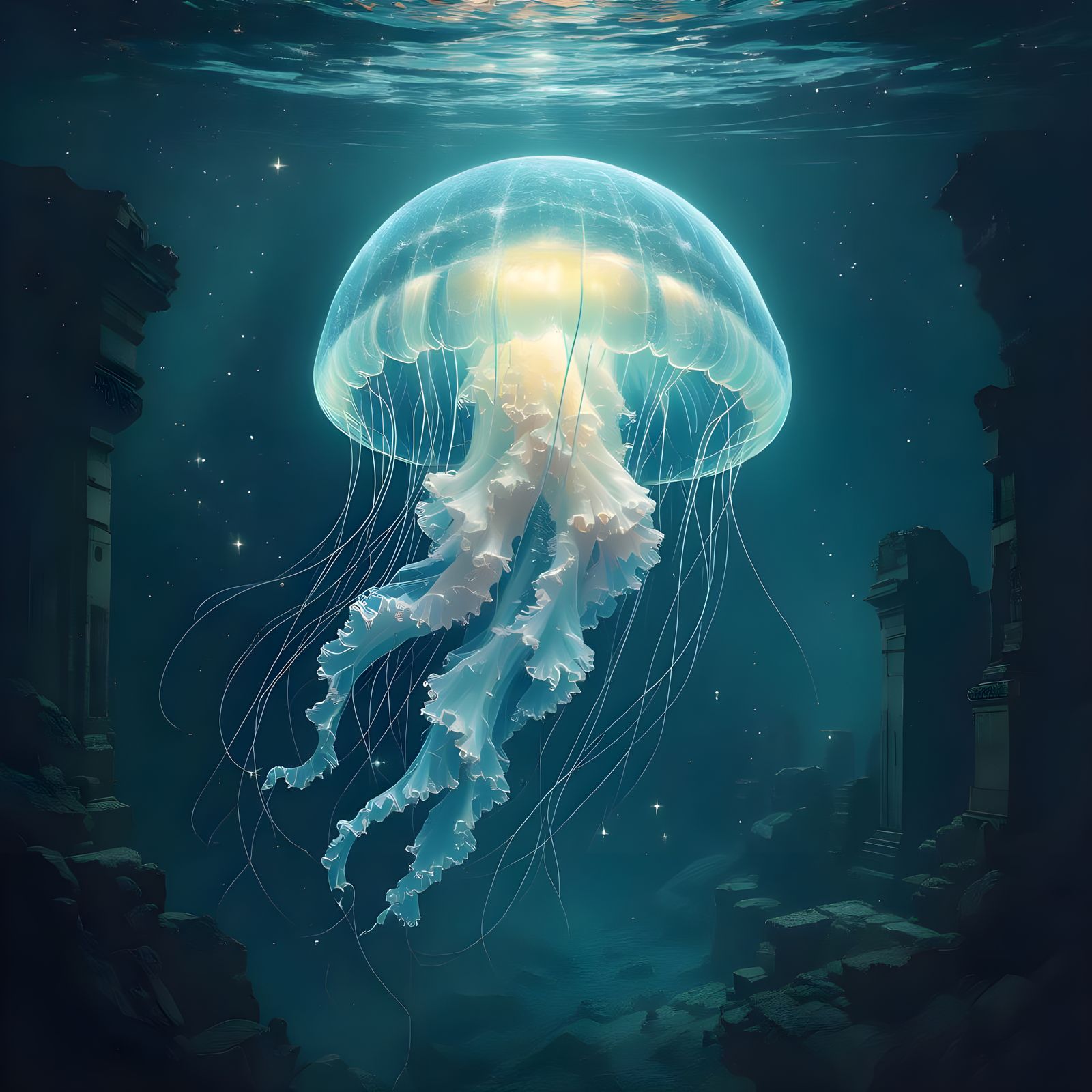 Bioluminescent Jellyfish Over Cosmic Ruins