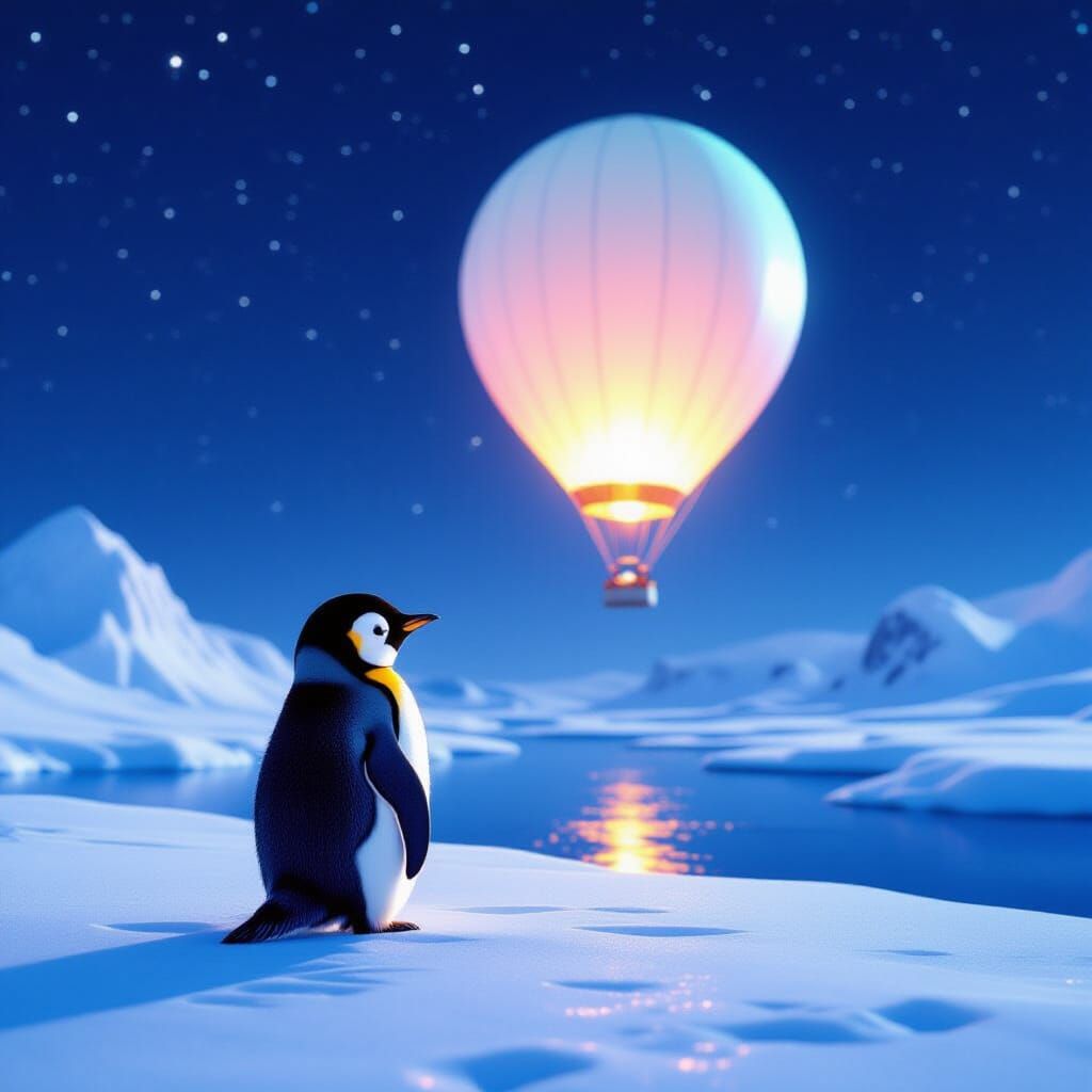 Baby Penguin Gazes at Glowing Space Balloon in Starry Sky