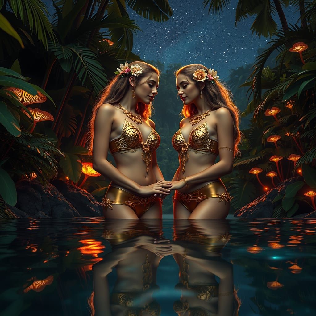 Hidden Jungle Oasis at Night, Bioluminescent Fungi and Starl...