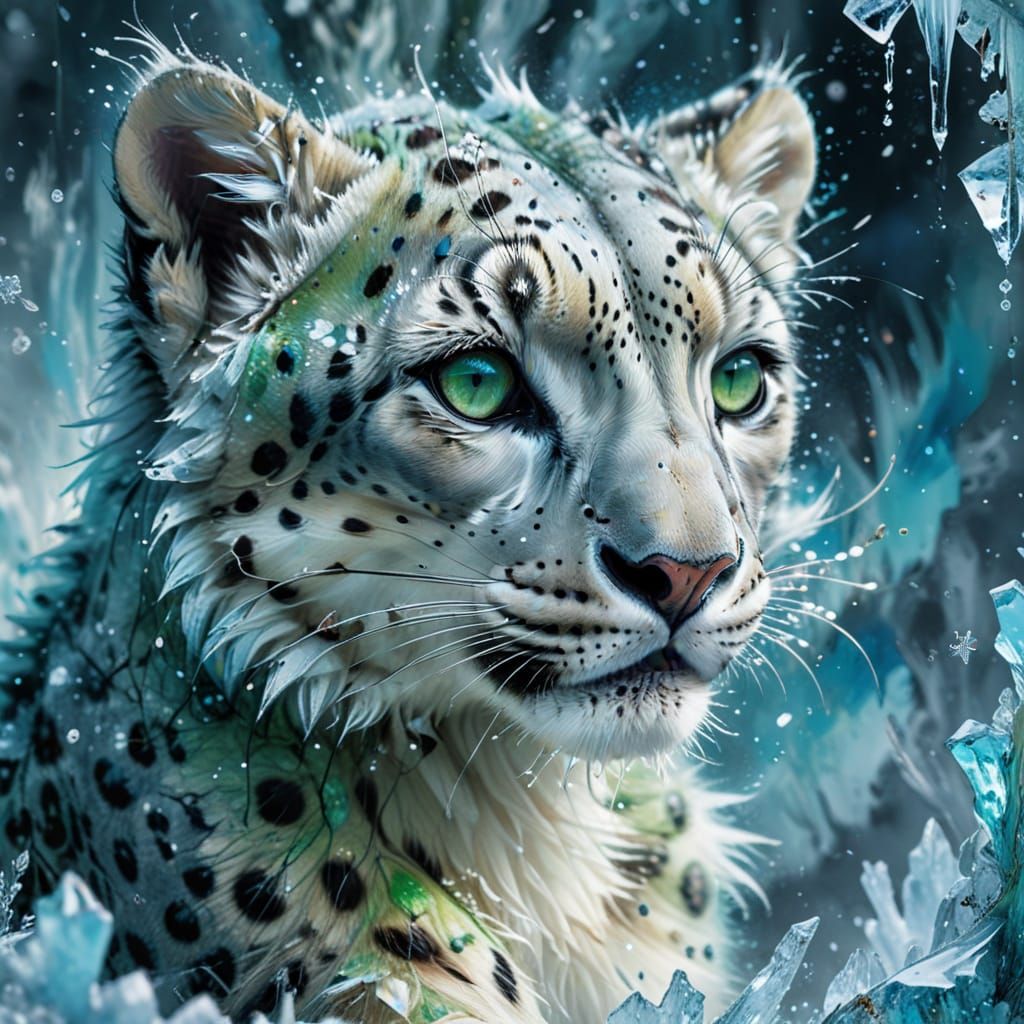 Whimsical Green-Eyed Snow Leopard Cub in Ethereal Winter Won...