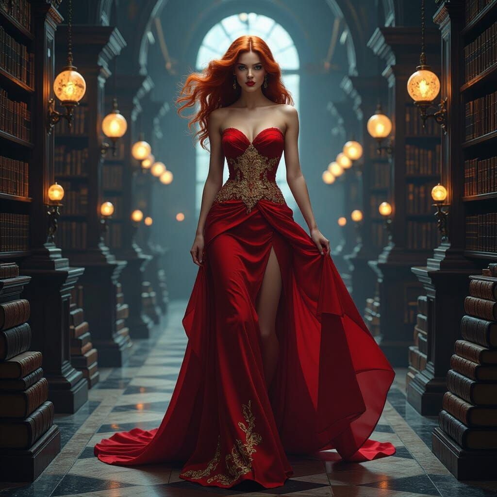 Crimson Enchantress in an Ancient Library, Noir Style
