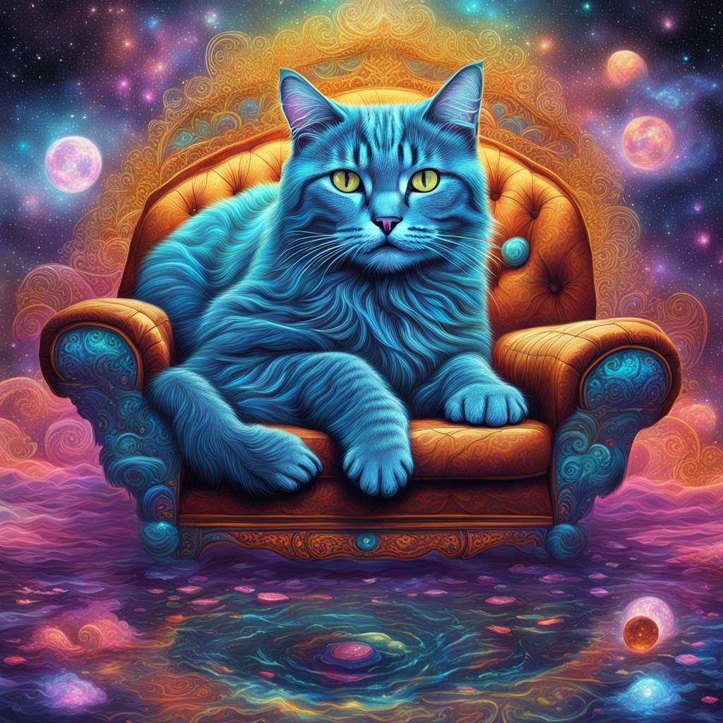 Cosmic Cat Lounging: Astral Illustration in Mixed Media