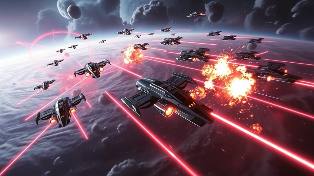 Sleek Starfighters Engage in a Dogfight Amidst a Swirling Ne...