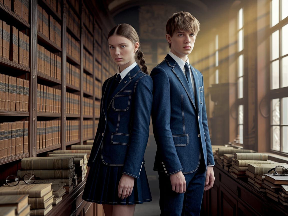 Denim School Uniforms: Leibovitz-Style Photo in Bookstore