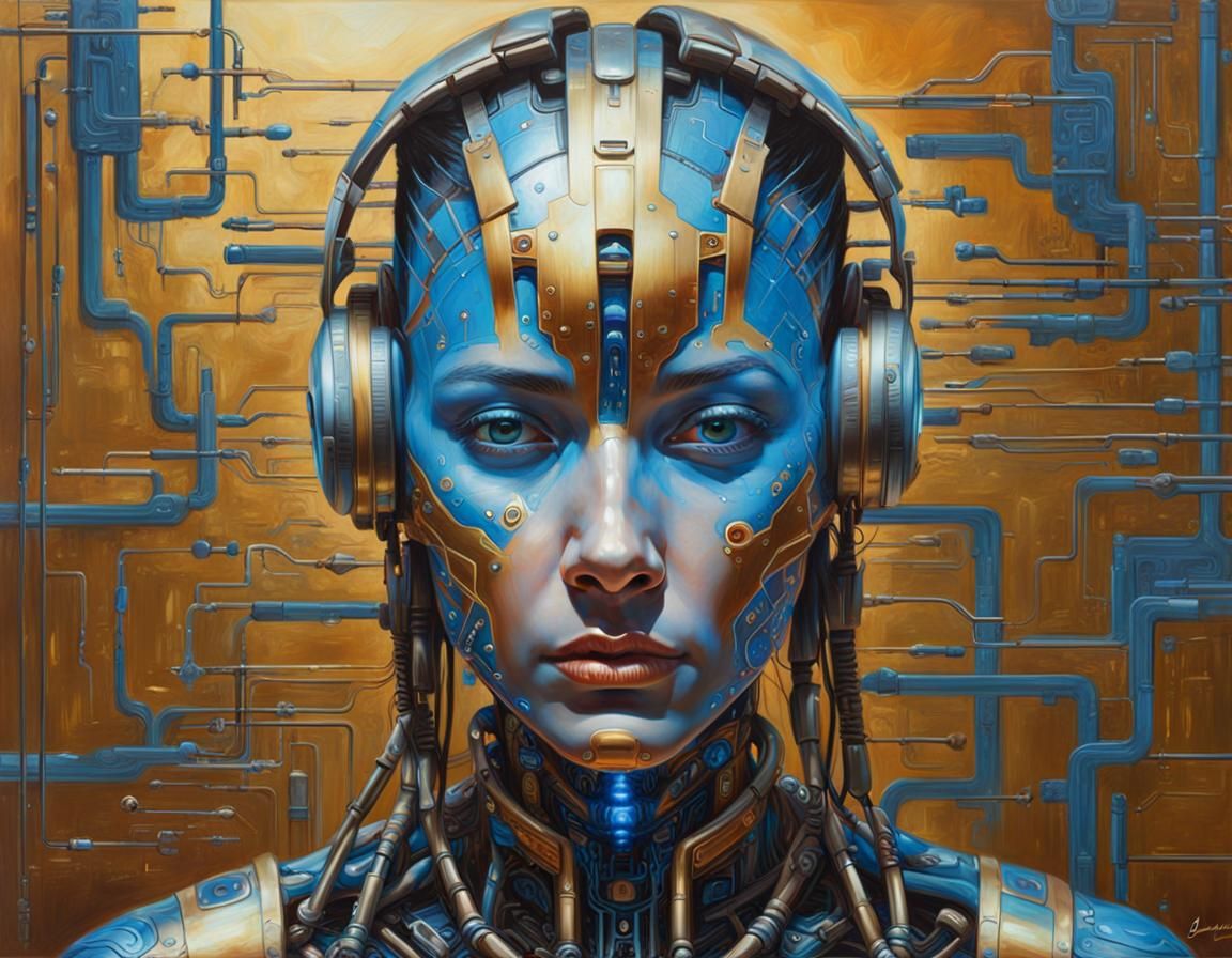 Cyborg Woman Portrait in Oil Painting Style